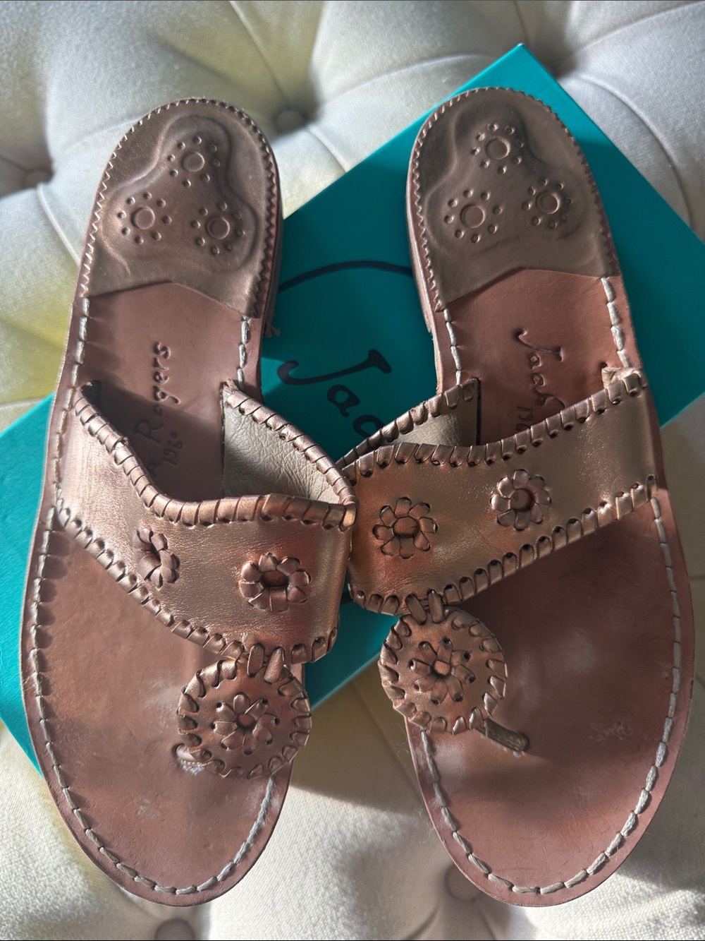 Jack Rogers Brown Leather Flat Sandals with Medallion Stitching